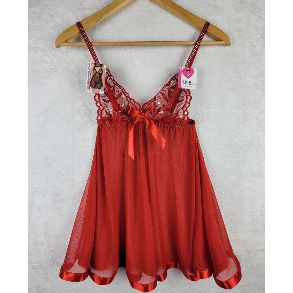 Red Sexy Lingerie Small Nightwear Slip Dress Romantic Nightie Babydoll Thong Set